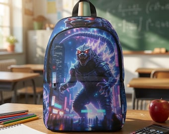 Neon Kaiju Monster Backpack | Cyberpunk Godzilla City Night Retro Futuristic Design | Water-Resistant School Travel Bag