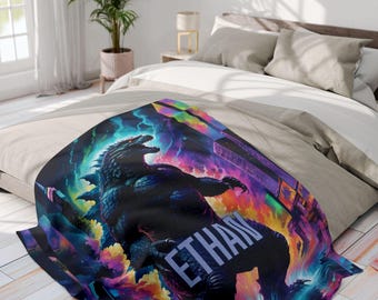 Personalized Electric Godzilla Throw Arctic Fleece Blanket, Psychedelic Godzilla powerful art, Godzilla figure blanket