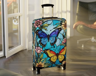 Stained Glass Butterflies Luggage Cover | Travel Suitcase Protector | Butterfly Art travel accessories