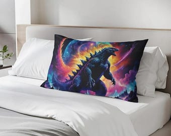 Cosmic Godzilla Microfiber Pillowcase | Neon Monster, Galaxy Swirl