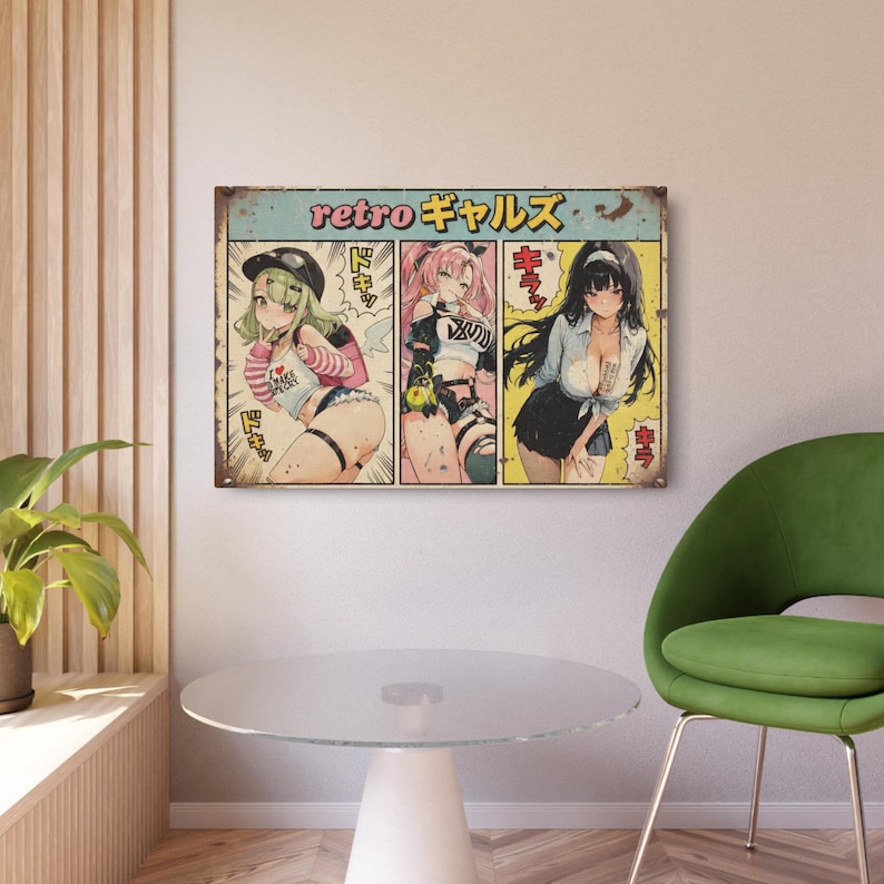 Retro Anime Girls Metal Sign | Vintage Manga Panel Wall Art image 1