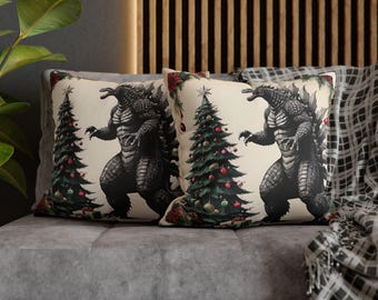 Vintage Godzilla Christmas Square Pillowcase, Japanese Home Decor, Housewarming Gift, Holiday Decoration, Fun Christmas Decor, Vintage