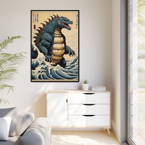Canvas Wall Art, Vintage Godzilla Japanese Kaiju Poster Print, Framed Wall Decor, Multi-color Home Art Decor, Unique Room Decoration, Pop