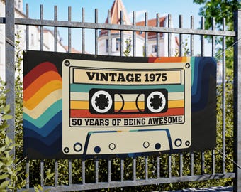 Vinyl Banners - Vintage 1975 50th Birthday Decoration Banner, Happy 50th Birthday Sign, Born in 1975 Party Banner, Customizable Banner for