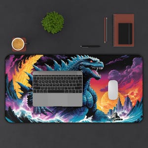 Godzilla Kaiju Desk Mat | Monster Mouse Pad | Japanese Art Deskmat | Electric Godzilla Gift, Gaming Work Mat, NYC Inspired Office Decor,