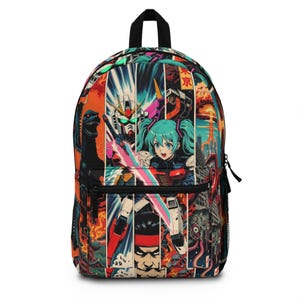 Godzilla versus Tokyo Aliens Backpack | Retro Robot Collage, Neon Cyberpunk