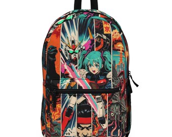 Godzilla versus Tokyo Aliens Backpack | Retro Robot Collage, Neon Cyberpunk