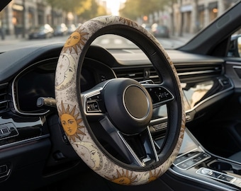 Celestial Sun and Moon Car Steering Wheel Cover | Boho Astrology Print