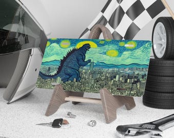 Godzilla Attacks Tokyo Van Gogh Inspired Art Vanity Plate, Car Accessory, Unique Godzilla Gift