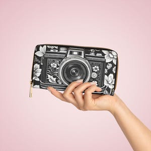 Schwarz-Weiß-Blumen-Kamera-Geldbörse, Designer Geldbörse Geldbörse, Fotograf Geschenk, Fotograf Geldbörse, Floral Geldbörse, Kamera-Liebhaber-Geschenk