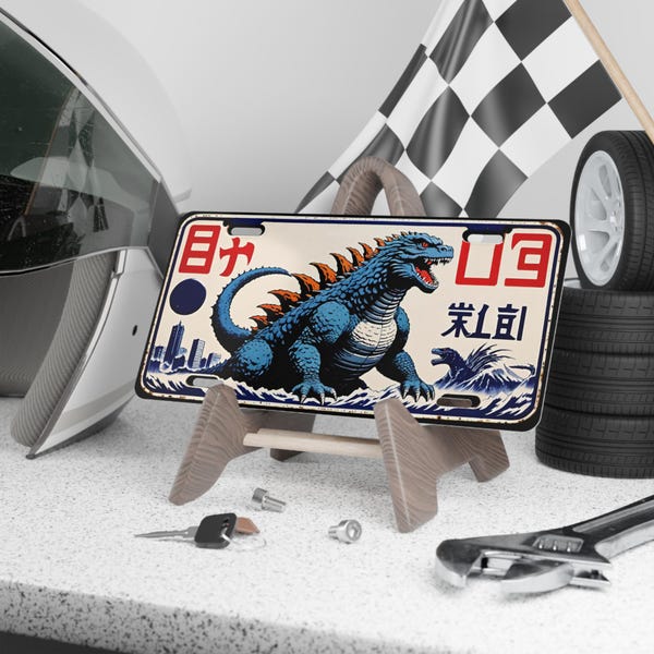 Targa, figura d'epoca giapponese Kaiju Godzilla, regalo artistico per amanti degli adesivi, accessori per auto per lui o lei