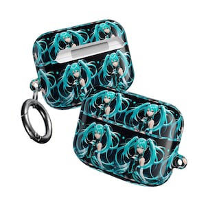 May include: Two black and teal protective cases for wireless earbuds. The cases feature a repeating pattern of a teal-haired anime character. A silver carabiner clip is attached to one case.