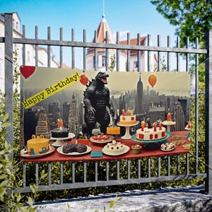 Sfondo per compleanno a tema Godzilla vintage, decorazione divertente e fantastica per compleanno a tema Godzilla