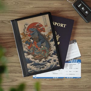 パスポートカバー、ゴジラと芸者の旅行用アクセサリー、日本のアートヴィンテージギフト、楽しい旅行ギフト、ゴジラアート、芸者アート