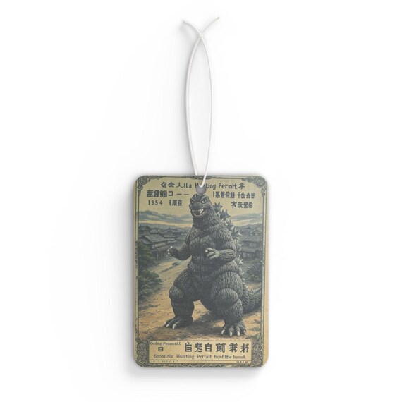 Vintage Godzilla Hunting Permit Car Air Freshener, Japanese Kaiju