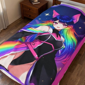 May include: A vibrant blanket featuring a colorful anime-style character with rainbow hair and cat ears. The design includes a black and pink outfit, a rainbow, and a starry night sky background. The blanket is on a bed.