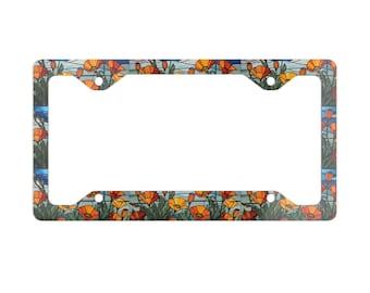 California Poppy Stained Glass Art Metal License Plate Frame | California Poppy License Plate Frame