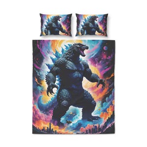 Può includere: Set di biancheria da letto con Godzilla. Il set include un copripiumino e due federe, con un'illustrazione del mostro su uno sfondo cosmico colorato. I colori principali sono blu, viola, arancione e giallo, per un'atmosfera dinamica.