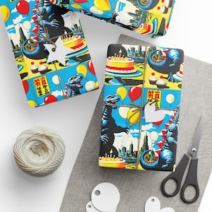 Wrapping Paper, Godzilla Birthday Party Gift Wrap, Japanese Comic Book Monster Art, Vintage Wrapping Paper, Birthday Gift Wrap, Unique Gift image 1