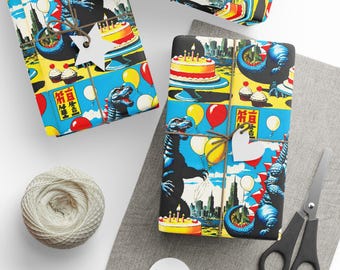 Wrapping Paper, Godzilla Birthday Party Gift Wrap, Japanese Comic Book Monster Art, Vintage Wrapping Paper, Birthday Gift Wrap, Unique Gift