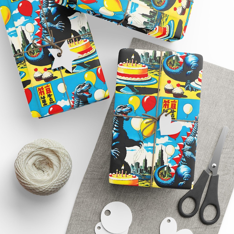 Wrapping Paper, Godzilla Birthday Party Gift Wrap, Japanese Comic Book Monster Art, Vintage Wrapping Paper, Birthday Gift Wrap, Unique Gift image 1