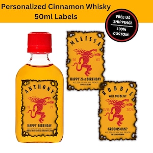 Personalized Cinnamon Whisky 50ml Mini Shot Bottle Labels | Any Occasion Birthday Wedding Bachelor Party Favors Gifts| Free US Shipping
