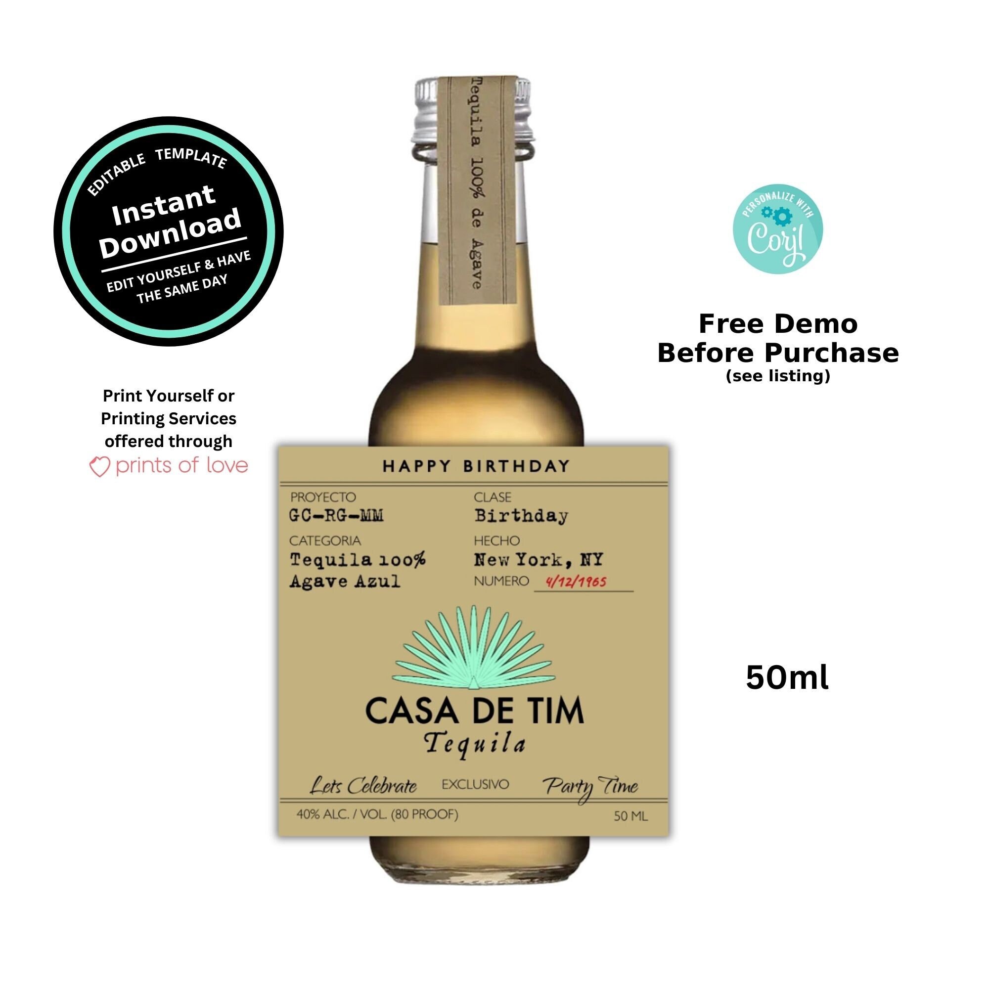 Personalized Reposado Tequila Custom Mini 50ml Shot Bottle Labels Template Printable | Any Occasion Birthday Bachelor | Instant Download