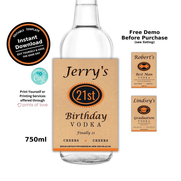 Custom Vodka 750ml Bottle Label Template Printable | Birthday Wedding Bachelor Graduation | Customize for Any Occasion | Instant Download