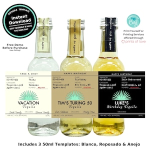 3 Custom Tequila Mini 50ml Shot Bottle Labels | Blanco Reposado Anejo | Instant Digital Download | Personalize for Any Occasion