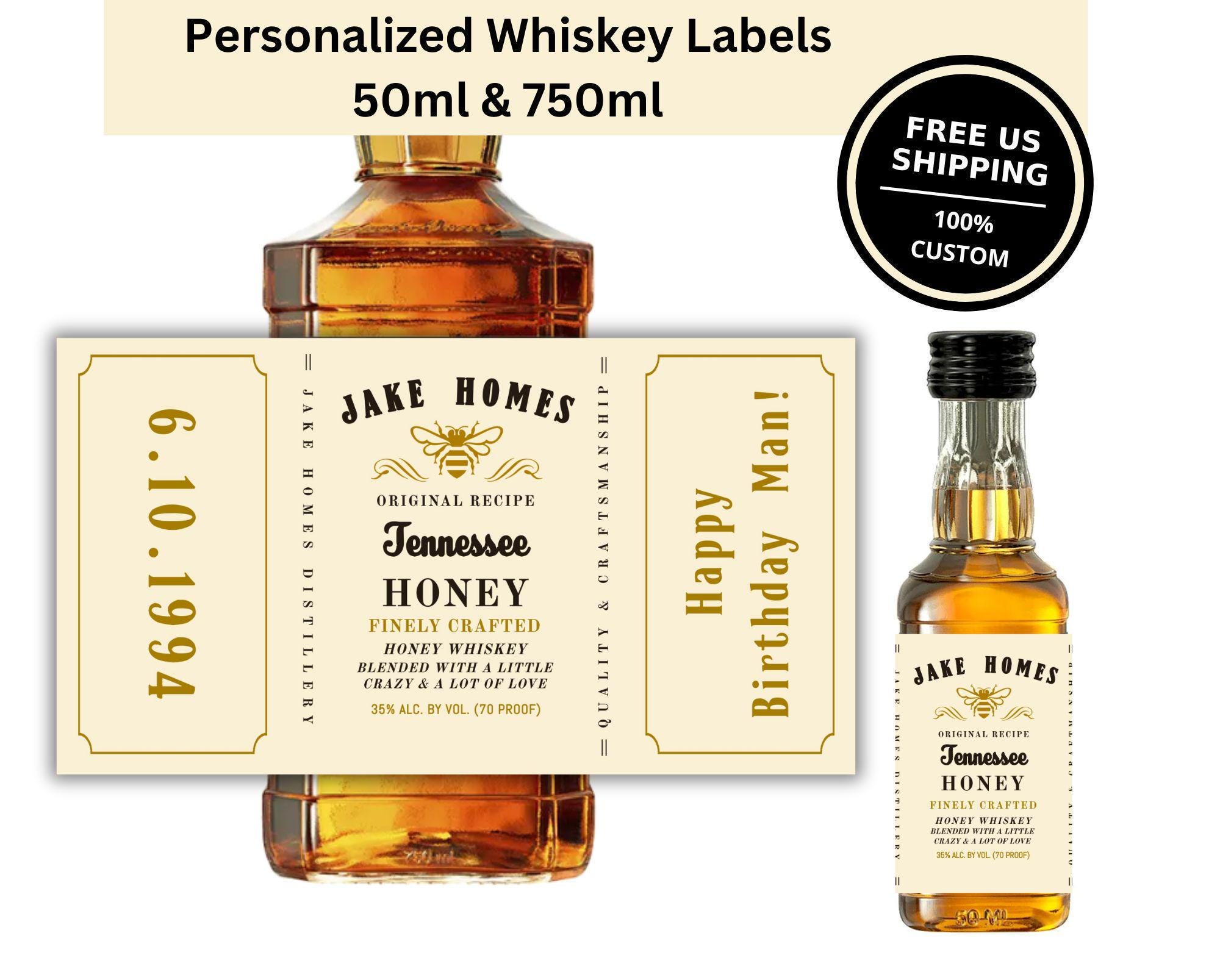 Personalized Custom Honey Whiskey 50ml & 750ml Bottle Labels | Any Occasion Birthday Wedding Bachelor Party Favors Gifts | Free US Shipping