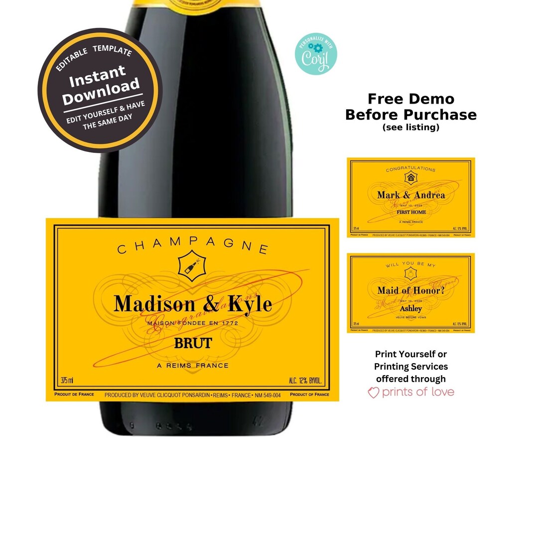 Custom 375ml Champagne Bottle Label Template Printable Customize for