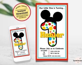 1st Birthday Party Editable Invitation Template, Mouse, Instant Download, Text Email Phone Invite