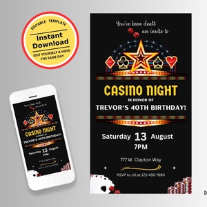 Casino Night Party bewerkbare digitale sjabloonuitnodiging, casinogokthema, verjaardagsviering, tekst-e-mailtelefoonuitnodiging