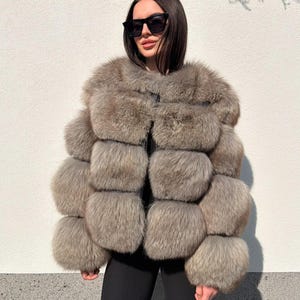 Luxury Real Gray Fox Fur Jacket Saga Furs Silver New like Sable Coat New S/M