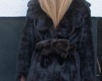 100% Real Ranch Mink Fur Coat Outwear Clothing Trench Belt Fashion L/XL
