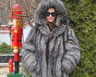 100% Ranch American Silver Fox Fur Jacket Coat Outwear Clothing Fashion M