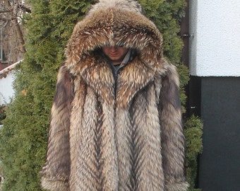 Men&#39;s 100% Real Farmer Raccoon Fur Coat Jacket With Hood Coat Outwear 2XL/3XL