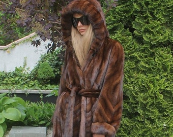 SAGA MINK 100% Real Ranch Mink Fur Coat With Hood Clothing Trench Outwear L/XL