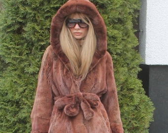 SPRING SALE 100% Real Ranch Mink Fur Coat With a Hood Clothing Fashion Trench L/XL