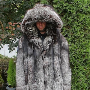 Herren 100% Ranch Amerikanischer Silberfuchs Pelzjacke mit Kapuze Mantel Oberbekleidung 3XL/4XL