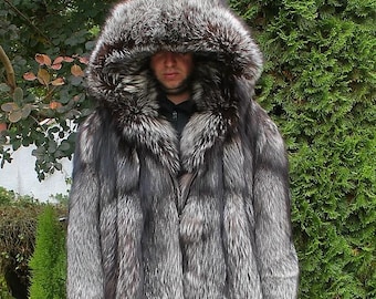 Men&#39;s 100% Ranch American Silver Fox Fur Jacket With Hood Coat Outwear 3XL/4XL