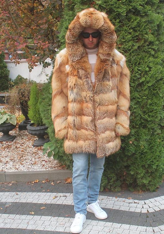 Men's 100% Ranch American Fox Fur Jacket With Hood Coat Outwear