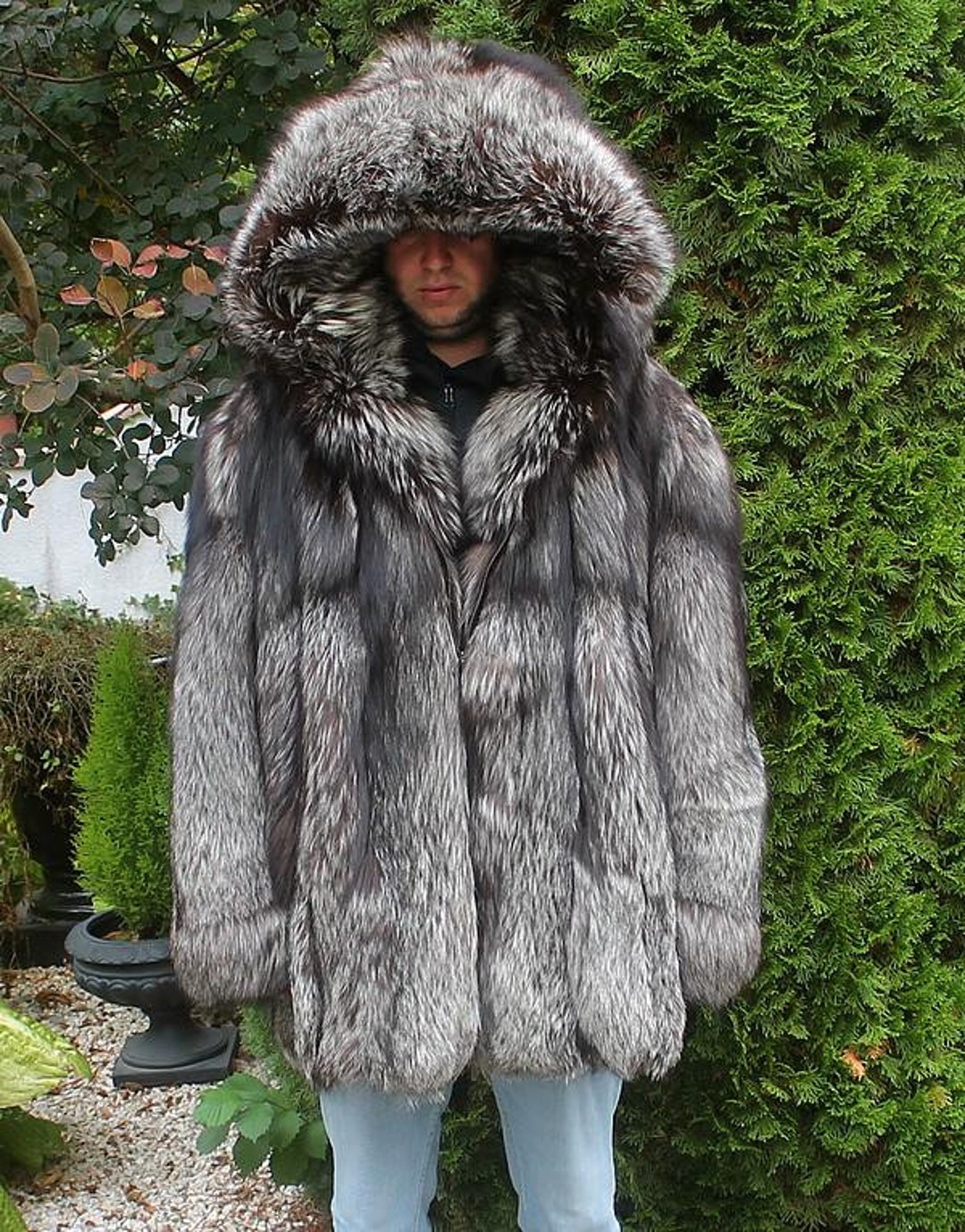 Herren 100% Ranch Amerikanischer Silberfuchs Pelzjacke mit Kapuze