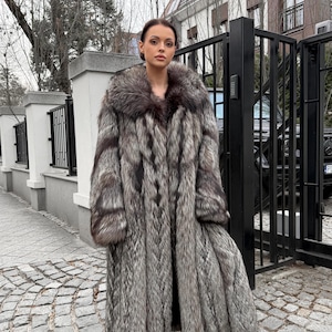 Luxury Full Length Silver Real Fox Fur Long Coat Saga Furs Royal Oversize XXL