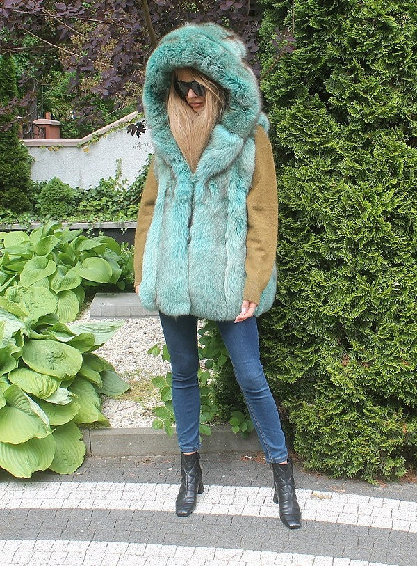 100% Real Ranch Arctic Fox Fur Vest With Hood Coat Outwear Clothing M