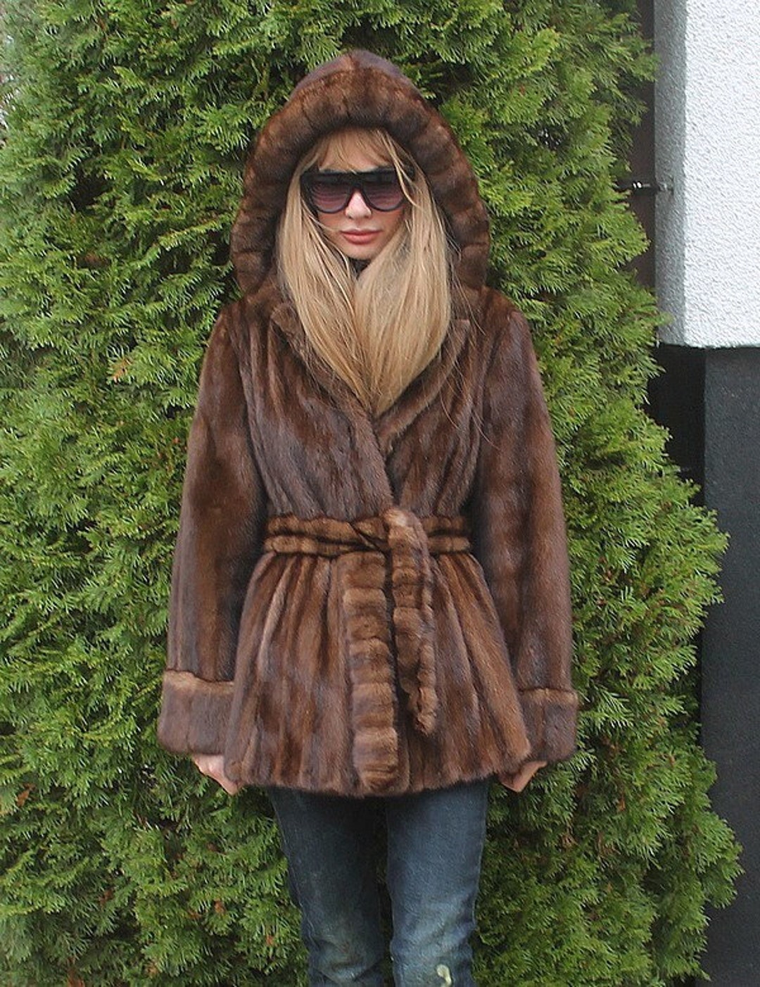 SPRING SALE 100% Real Ranch Mink Fur Coat Hood Outwear Clothing Fashion ...