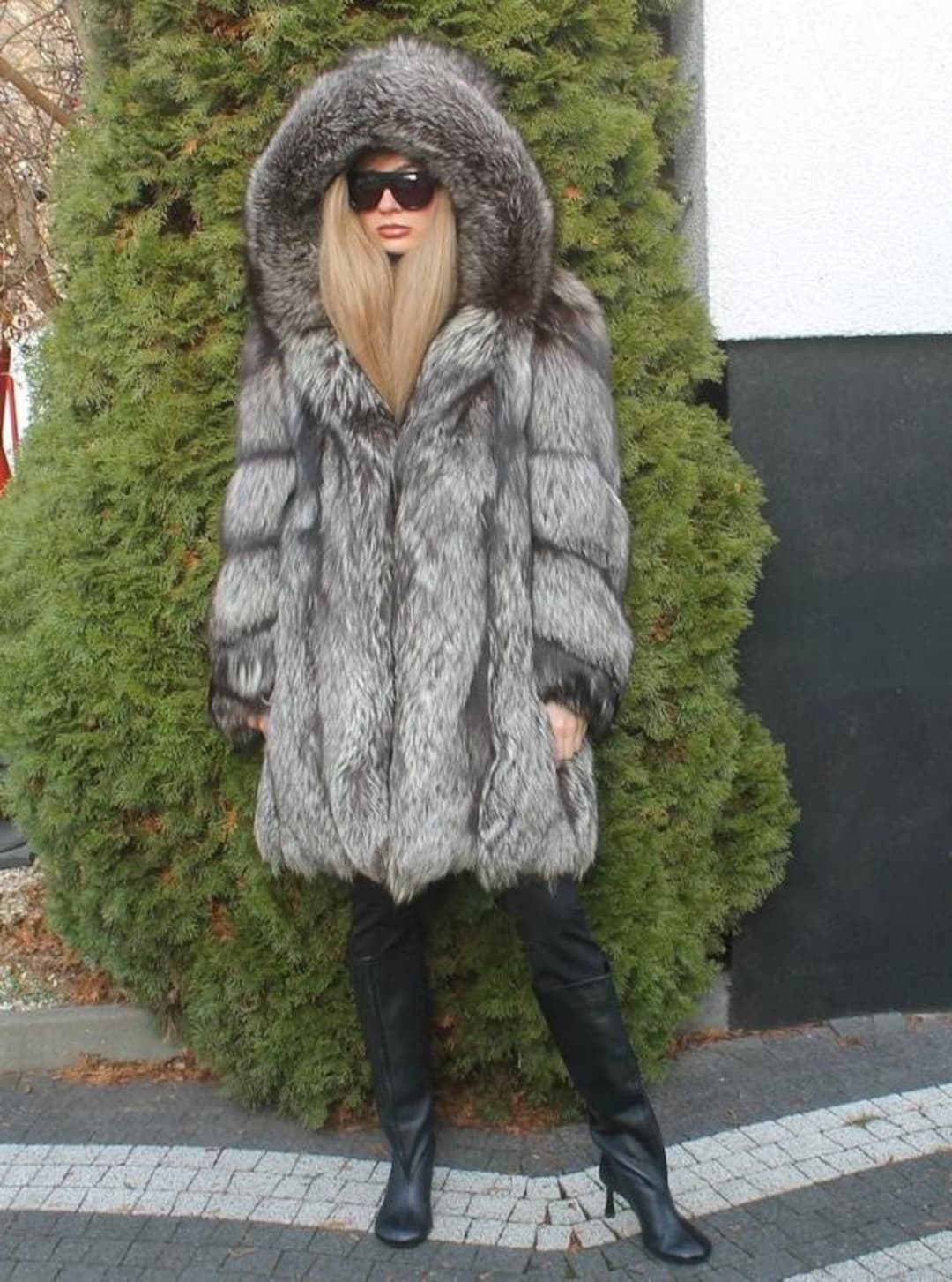 BLACK WEEK 100% Ranch American Silver Fox Fur Jacket Coat Outwear