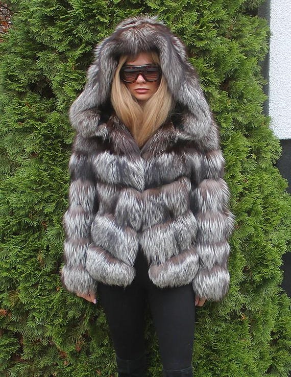 100% Ranch American Silver Fox Fur Jacket Coat Outwear Clothing 