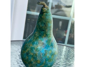 Vintage Hand Painted Natural Gourd Art Figurine Textured Metallic Green Gold