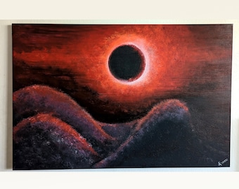 Original Crimson Eclipse   Acrylic Painting   Fantasy Art  Landscape Painting  Eclipse Painting